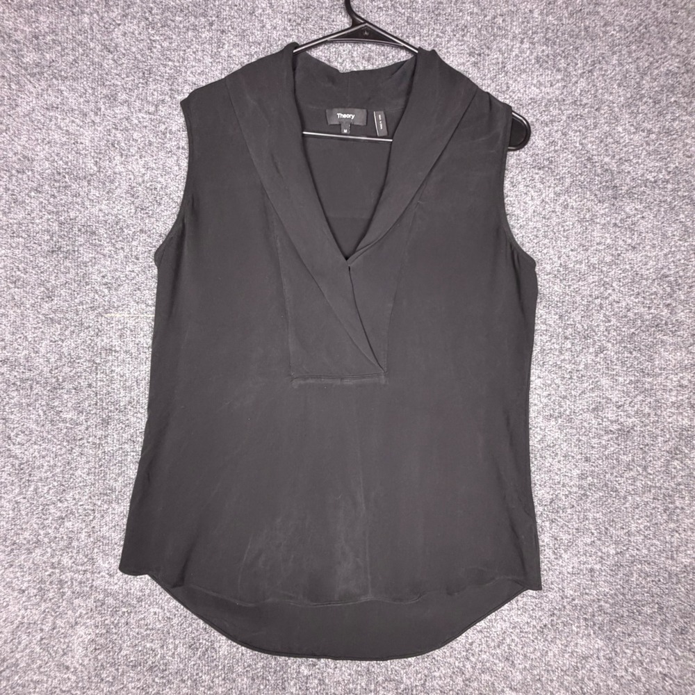 Theory Black 100% Silk Shawl Collar Sleeveless V-Neck Blouse Top Medium - Picture 1 of 6